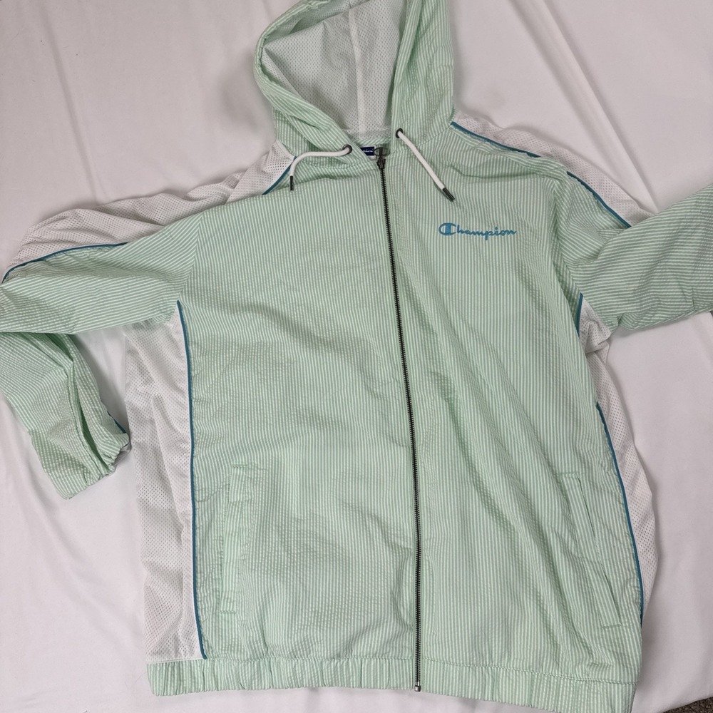 Champion Mens 2XL Green White Zip-Up Hooded Jacket Athletic Fit Seersucker